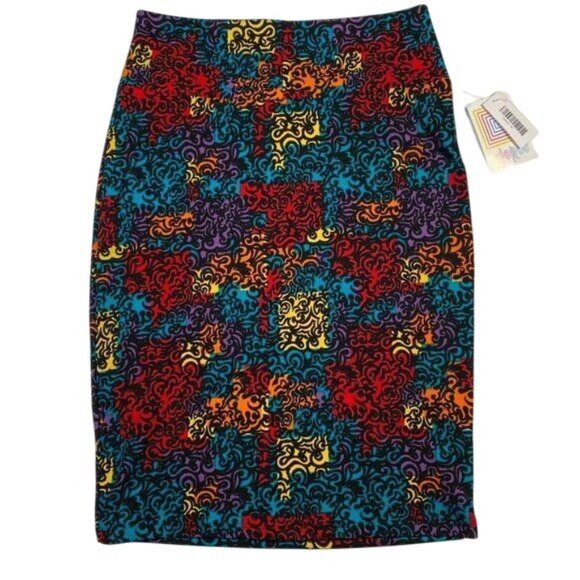 LuLaRoe CASSIE Pencil Skirt Black Yellow Red Swirl Medium M NWT LLR Geometric - Picture 1 of 5